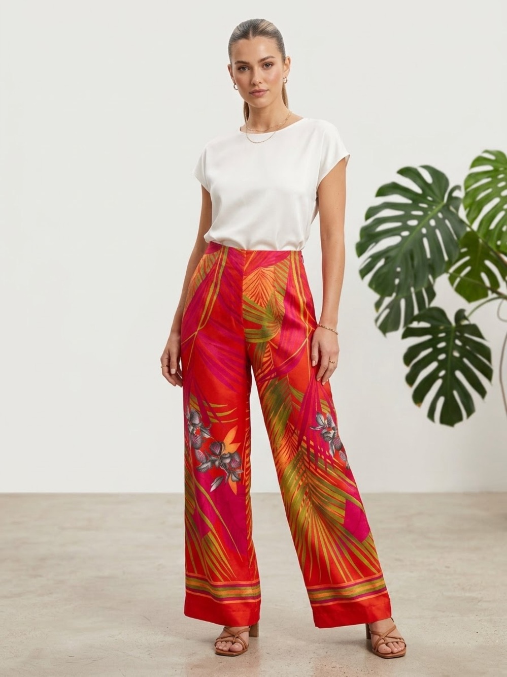 Russell Kemp Fuchsia Tropical Wide-Leg Pants